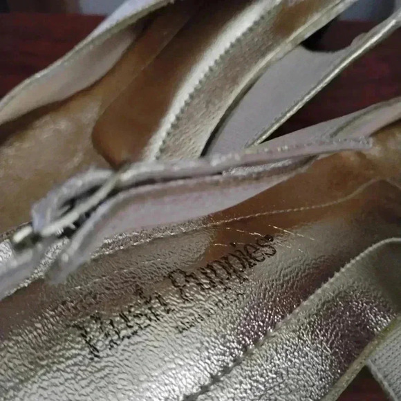 VINTAGE HUSH PUPPIES Gold Peep Toe Kitten Heel Elegant Shoes Size 6.5 7 estimate - Picture 3 of 5